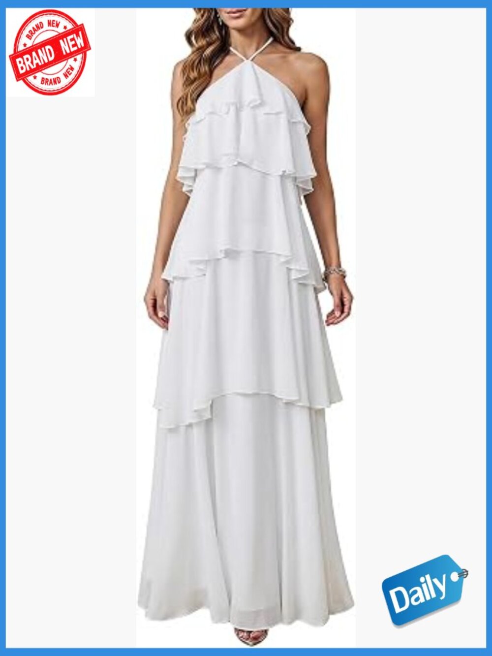 Ruffle Layered Halter Backless Flowy Formal Maxi Dress